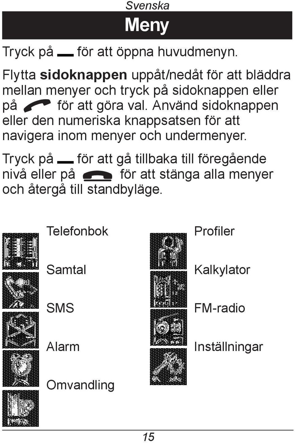 Använd sidoknappen eller den numeriska knappsatsen för att navigera inom menyer och undermenyer.