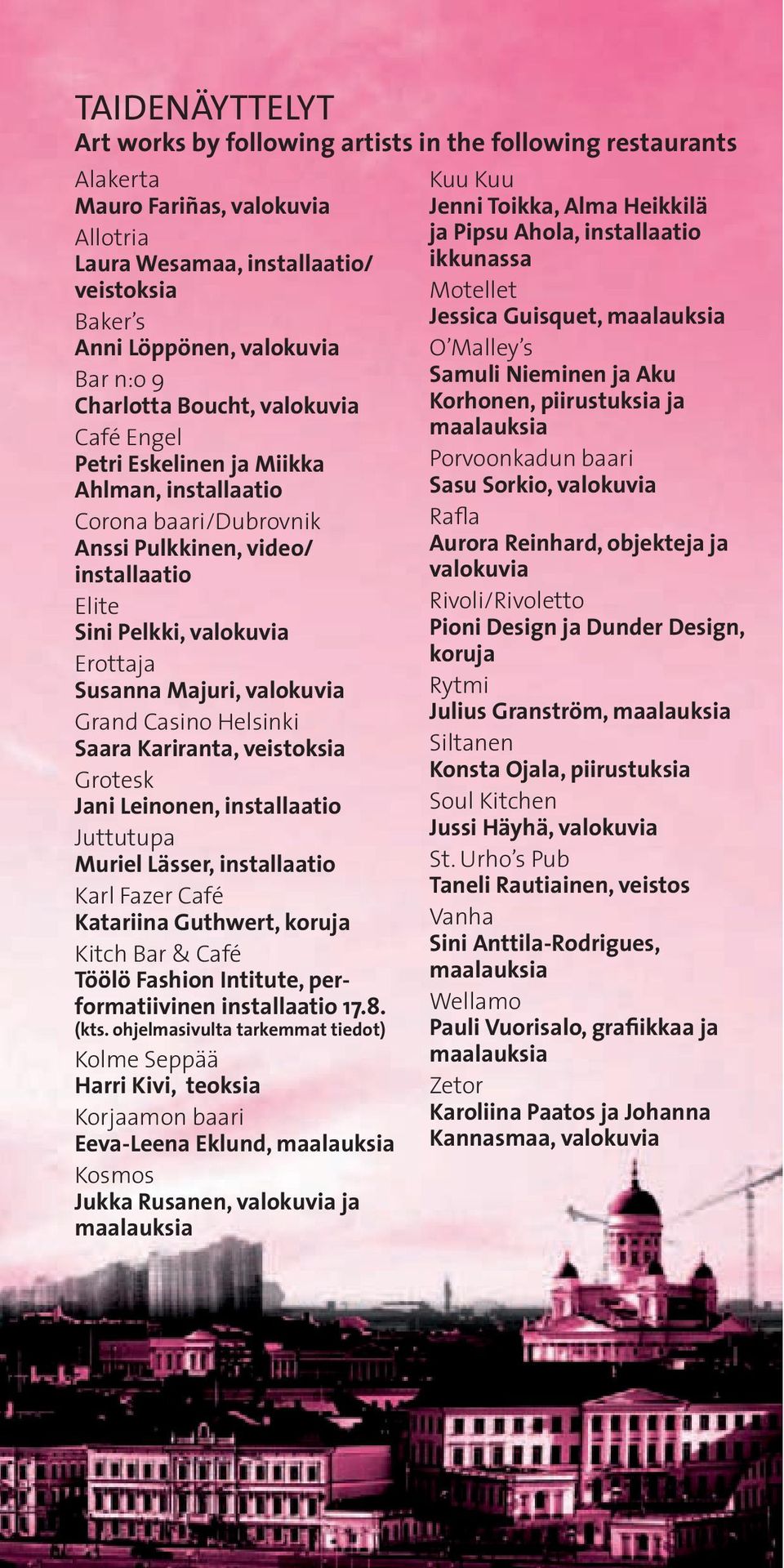 Majuri, valokuvia Grand Casino Helsinki Saara Kariranta, veistoksia Grotesk Jani Leinonen, installaatio Juttutupa Muriel Lässer, installaatio Karl Fazer Café Katariina Guthwert, koruja Kitch Bar &