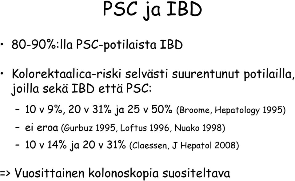 50% (Broome, Hepatology 1995) ei eroa (Gurbuz 1995, Loftus 1996, Nuako 1998)