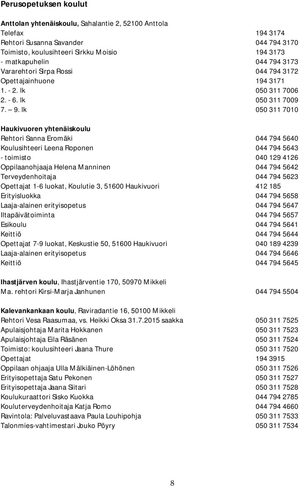 lk 050 311 7010 Haukivuoren yhtenäiskoulu Rehtori Sanna Eromäki 044 794 5640 Koulusihteeri Leena Roponen 044 794 5643 - toimisto 040 129 4126 Oppilaanohjaaja Helena Manninen 044 794 5642