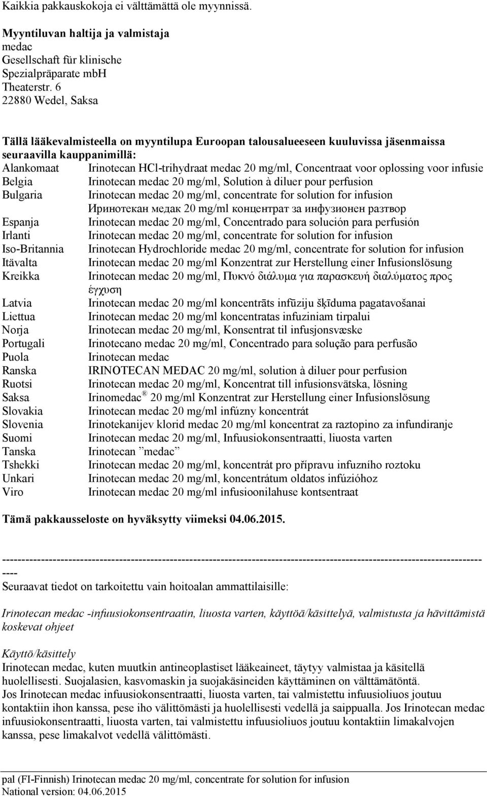 voor oplossing voor infusie Belgia Irinotecan medac 20 mg/ml, Solution à diluer pour perfusion Bulgaria Irinotecan medac 20 mg/ml, concentrate for solution for infusion Иринотекан медак 20 mg/ml