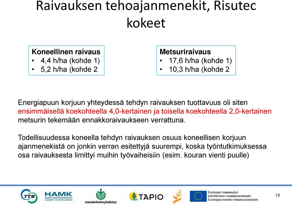 koekohteella 2,0-kertainen metsurin tekemään ennakkoraivaukseen verrattuna.