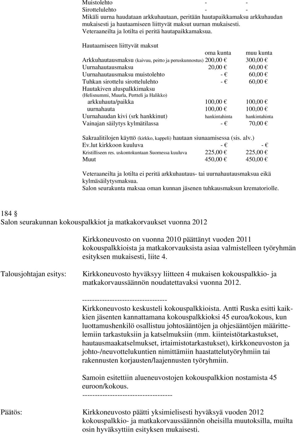 Hautaamiseen liittyvät maksut oma kunta muu kunta Arkkuhautausmaksu (kaivuu, peitto ja peruskunnostus) 200,00 300,00 Uurnahautausmaksu 20,00 60,00 Uurnahautausmaksu muistolehto - 60,00 Tuhkan