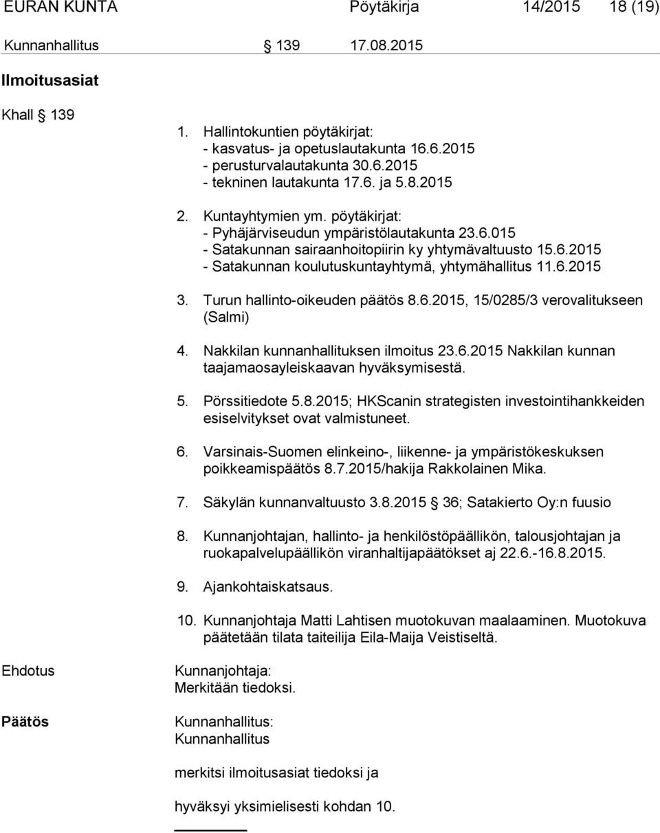 6.2015 3. Turun hallinto-oikeuden päätös 8.6.2015, 15/0285/3 verovalitukseen (Salmi) 4. Nakkilan kunnanhallituksen ilmoitus 23.6.2015 Nakkilan kunnan taajamaosayleiskaavan hyväksymisestä. 5.