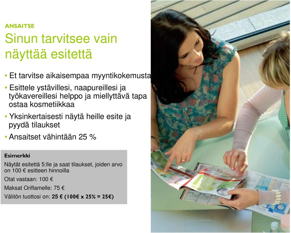 esite ja pyydä tilaukset Ansaitset vähintään 25 % Esimerkki Näytät esitettä 5:lle ja saat tilaukset, joiden