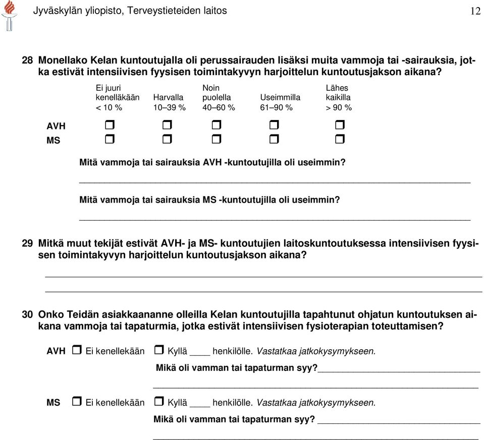 Mitä vammoja tai sairauksia MS -kuntoutujilla oli useimmin?