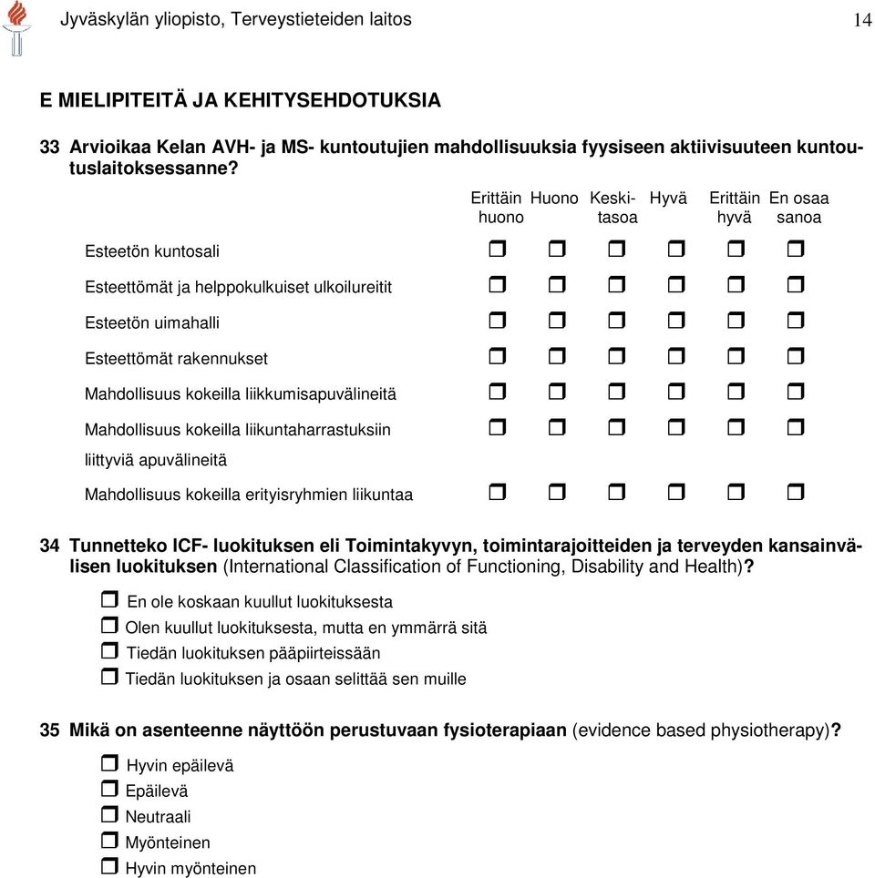 liikkumisapuvälineitä Mahdollisuus kokeilla liikuntaharrastuksiin liittyviä apuvälineitä Mahdollisuus kokeilla erityisryhmien liikuntaa 34 Tunnetteko ICF- luokituksen eli Toimintakyvyn,