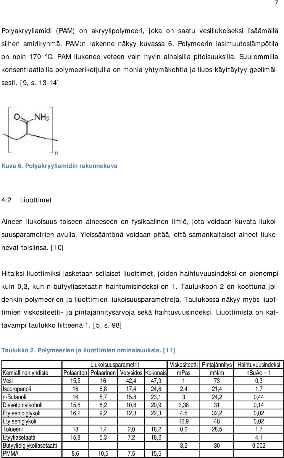 Polyakryyliamidin rakennekuva 4.2 Liuottimet Aineen liukoisuus toiseen aineeseen on fysikaalinen ilmiö, jota voidaan kuvata liukoisuusparametrien avulla.