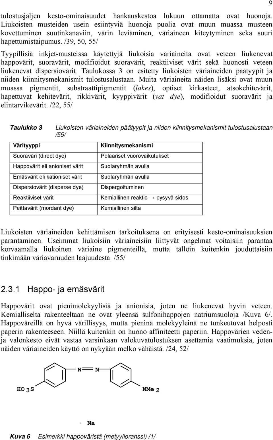 /39, 50, 55/ Tyypillisiä inkjet-musteissa käytettyjä liukoisia väriaineita ovat veteen liukenevat happovärit, suoravärit, modifioidut suoravärit, reaktiiviset värit sekä huonosti veteen liukenevat