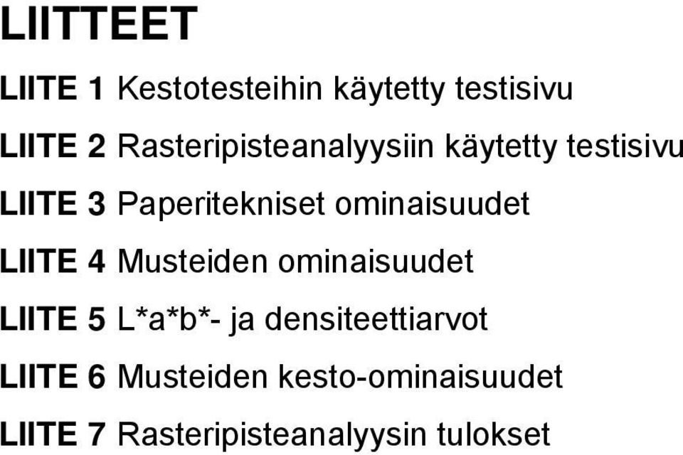 ominaisuudet LIITE 4 Musteiden ominaisuudet LIITE 5 L*a*b*- ja