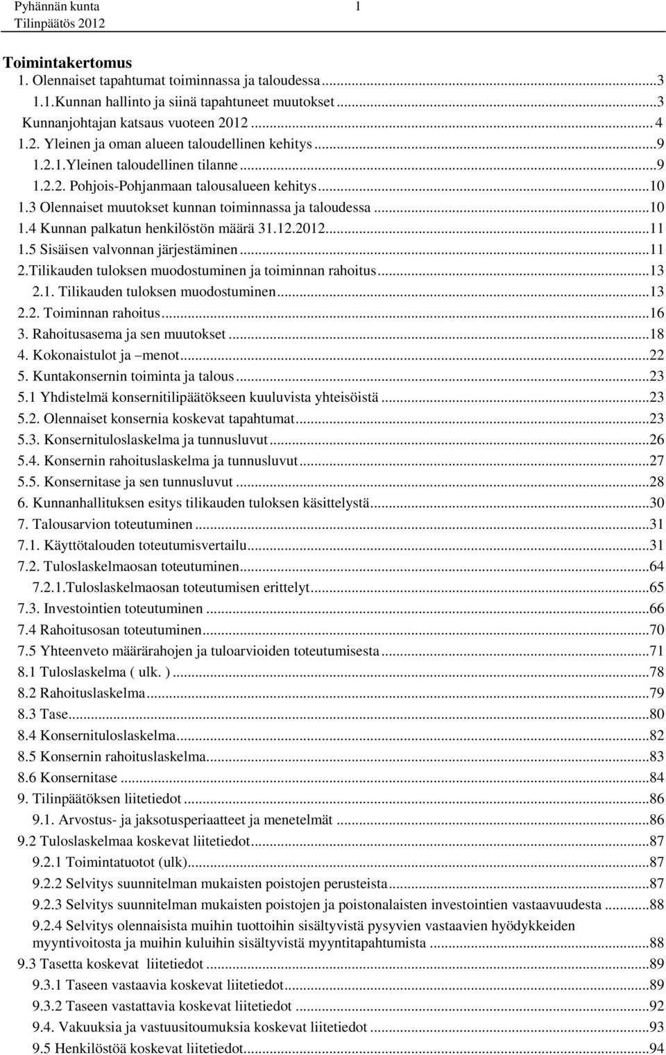 3 Olennaiset muutokset kunnan toiminnassa ja taloudessa...10 1.4 Kunnan palkatun henkilöstön määrä 31.12.2012...11 1.5 Sisäisen valvonnan järjestäminen...11 2.