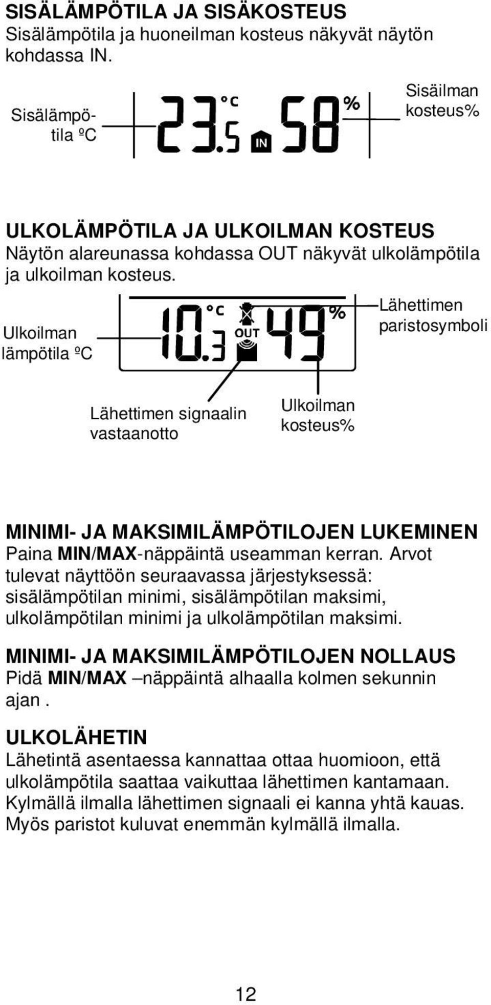 Ulkoilman lämpötila ºC Lähettimen paristosymboli Lähettimen signaalin vastaanotto Ulkoilman kosteus% MINIMI- JA MAKSIMILÄMPÖTILOJEN LUKEMINEN Paina MIN/MAX-näppäintä useamman kerran.