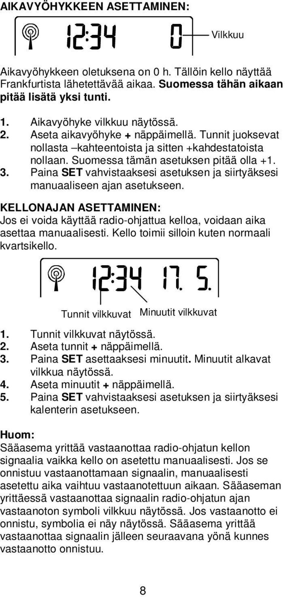 Paina SET vahvistaaksesi asetuksen ja siirtyäksesi manuaaliseen ajan asetukseen. KELLONAJAN ASETTAMINEN: Jos ei voida käyttää radio-ohjattua kelloa, voidaan aika asettaa manuaalisesti.