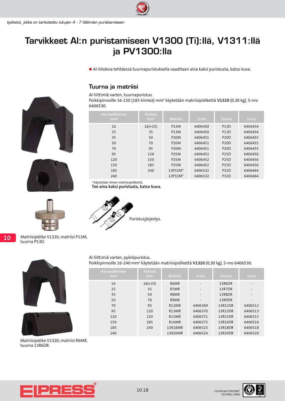 Harvasäikeinen mm² Kiinteä mm² Matriisi S-nro Tuurna S-nro 16 16(+25) P13M 6406450 P13D 6406454 25 35 P13M 6406450 P13D 6406454 35 50 P20M 6406451 P20D 6406455 50 70 P20M 6406451 P20D 6406455 70 95