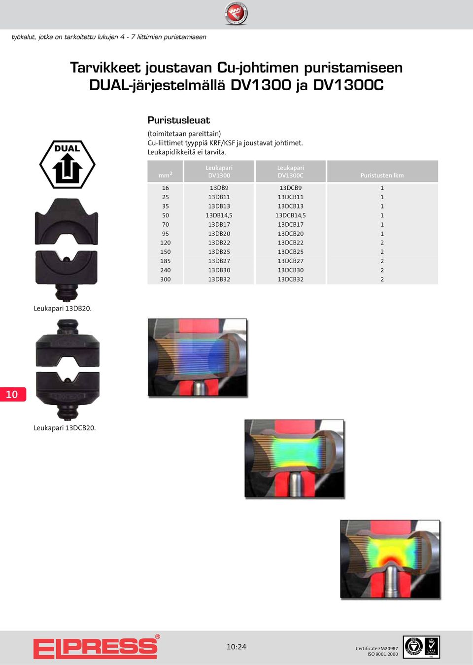 mm 2 Leukapari DV1300 Leukapari DV1300C Puristusten lkm 16 13DB9 13DCB9 1 25 13DB11 13DCB11 1 35 13DB13 13DCB13 1 50 13DB14,5 13DCB14,5