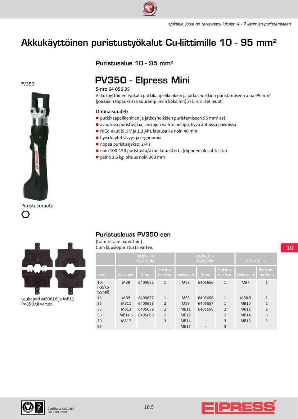 putkikaapelikenkien ja jatkosholkkien puristamiseen 95 mm² asti avautuva puristuspää, leukojen vaihto helppo, hyvä ahtaissa paikoissa NiCd-akut (9,6 V ja 1,3 Ah), latausaika noin 40 min hyvä