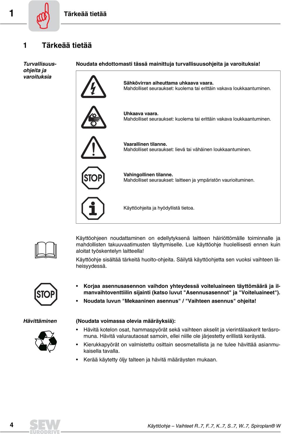 Mahdolliset seuraukset: lievä tai vähäinen loukkaantuminen. Vahingollinen tilanne. Mahdolliset seuraukset: laitteen ja ympäristön vaurioituminen. Käyttöohjeita ja hyödyllistä tietoa.