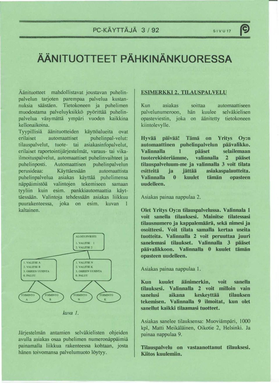 Tyypillisia aanituotteiden kayttoalueita ovat erilaiset automaattiset puhelinpal-velut: tilauspalvelut, tuote- tai asiakasinfopalvelut, erilaiset raportointijarjestelmat, varaus- tai