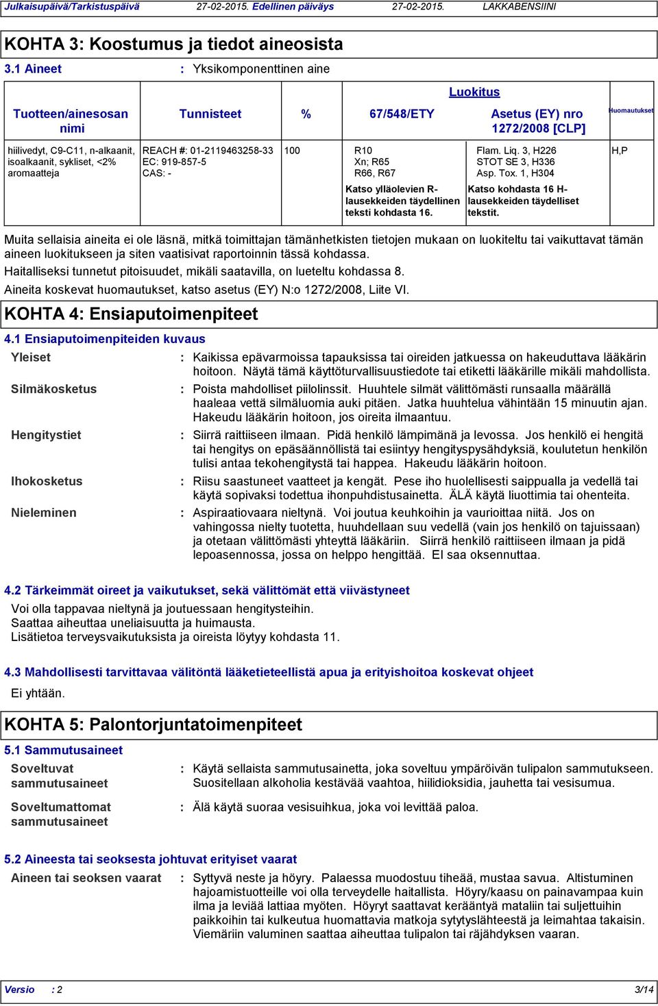 aromaatteja REACH # 01-2119463258-33 100 R10 Flam. Liq. 3, H226 H,P EC 919-857-5 Xn; R65 STOT SE 3, H336 CAS - R66, R67 Asp. Tox.