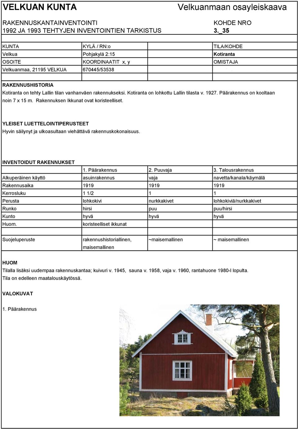 Lallin tilan vanhanväen rakennukseksi. Kotiranta on lohkottu Lallin tilasta v. 1927. Päärakennus on kooltaan noin 7 x 15 m. Rakennuksen Ikkunat ovat koristeelliset.