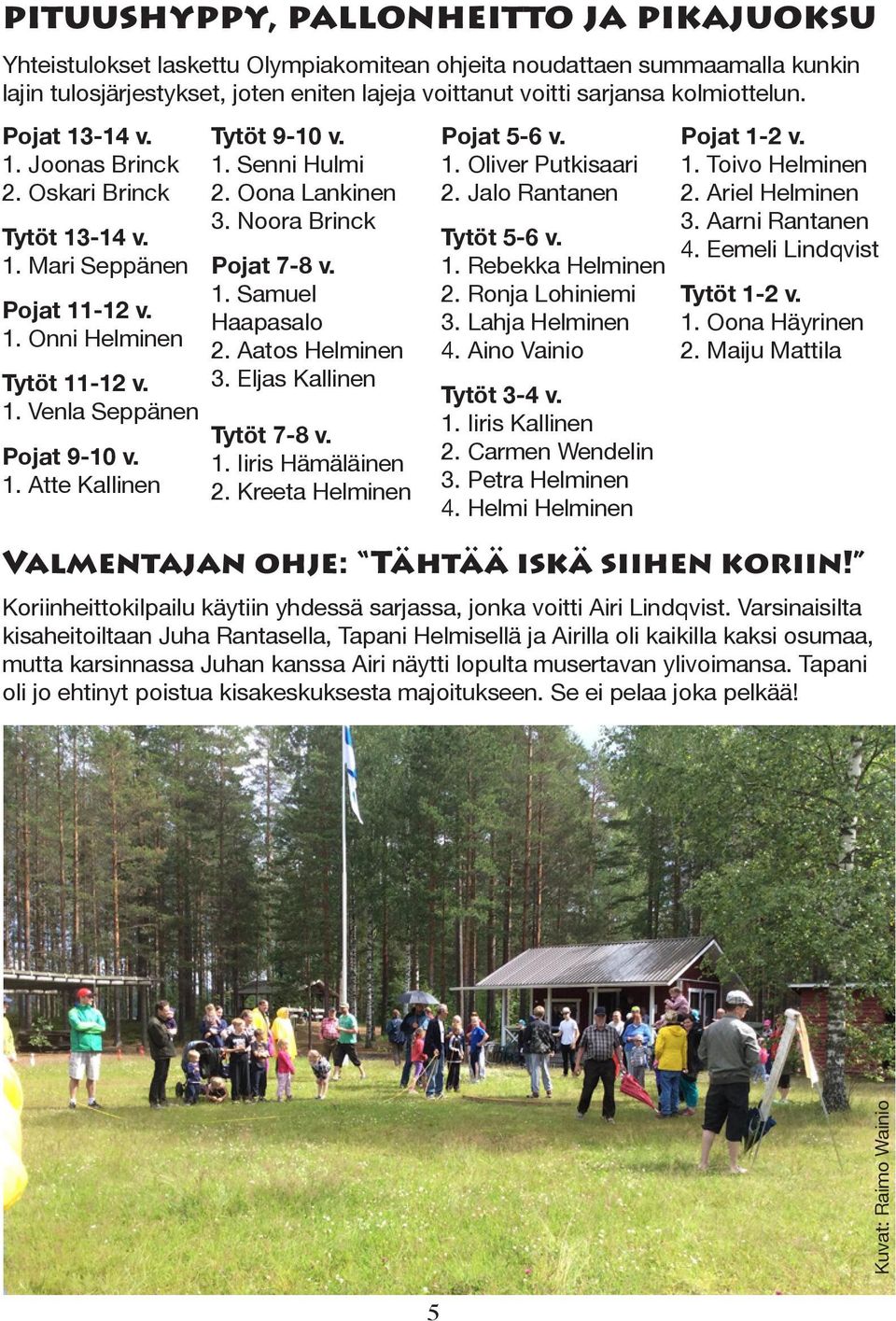 1. Senni Hulmi 2. Oona Lankinen 3. Noora Brinck Pojat 7-8 v. 1. Samuel Haapasalo 2. Aatos Helminen 3. Eljas Kallinen Tytöt 7-8 v. 1. Iiris Hämäläinen 2. Kreeta Helminen Pojat 5-6 v. 1. Oliver Putkisaari 2.