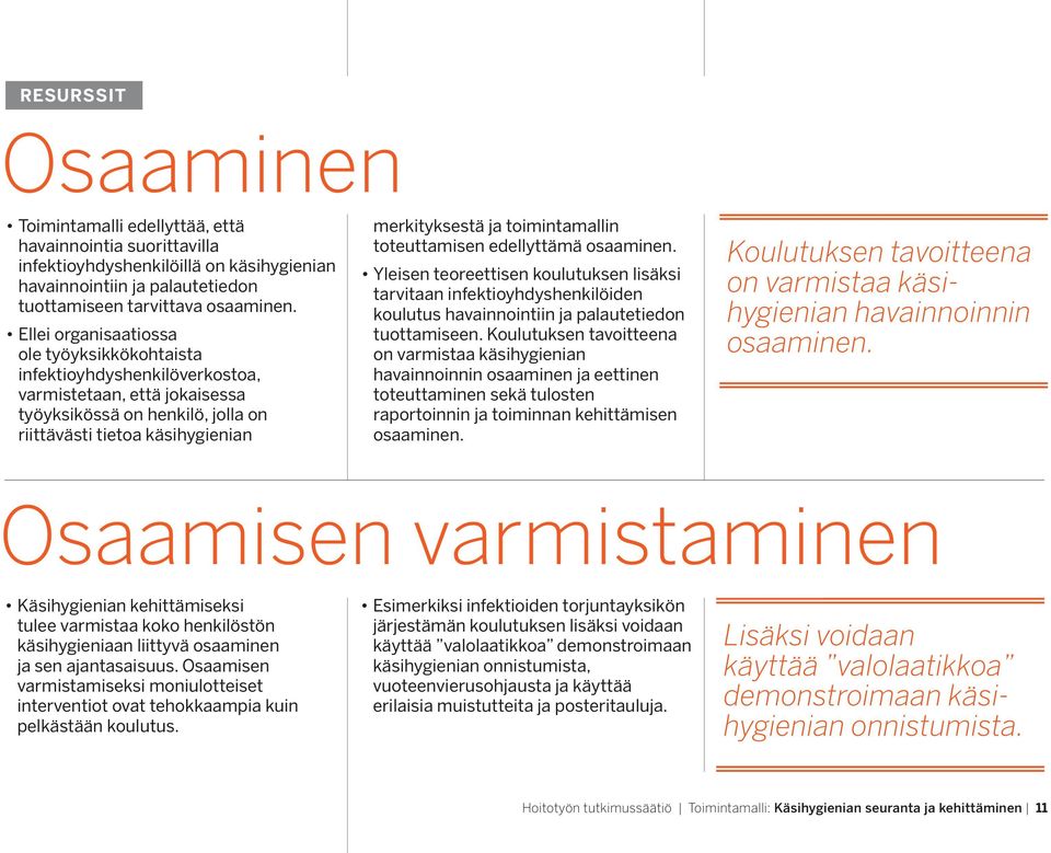 toimintamallin toteuttamisen edellyttämä osaaminen. Yleisen teoreettisen koulutuksen lisäksi tarvitaan infektioyhdyshenkilöiden koulutus havainnointiin ja palautetiedon tuottamiseen.