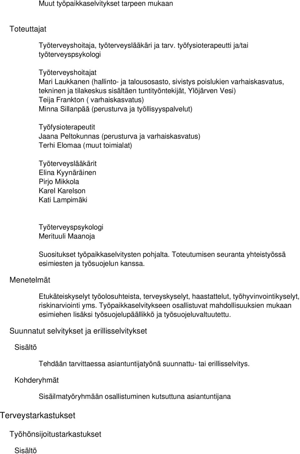 Ylöjärven Vesi) Teija Frankton ( varhaiskasvatus) Minna Sillanpää (perusturva ja työllisyyspalvelut) Työfysioterapeutit Jaana Peltokunnas (perusturva ja varhaiskasvatus) Terhi Elomaa (muut toimialat)