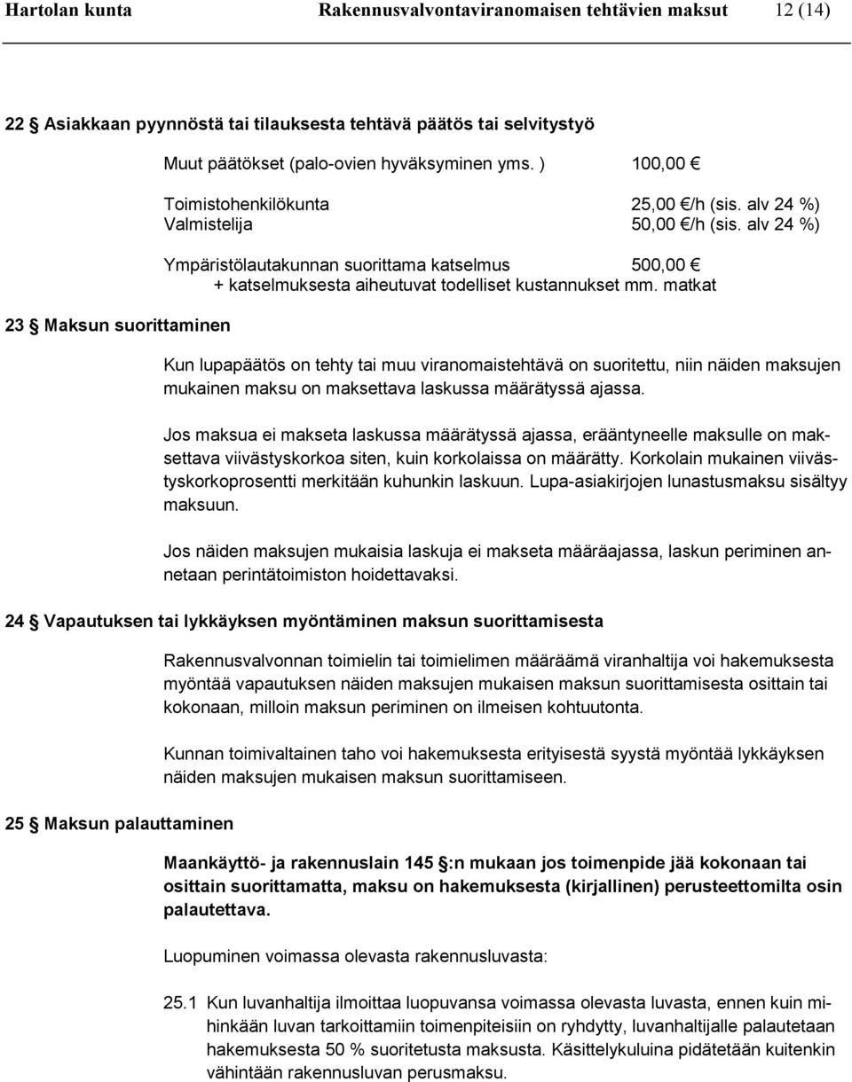 alv 24 %) Ympäristölautakunnan suorittama katselmus 500,00 + katselmuksesta aiheutuvat todelliset kustannukset mm.