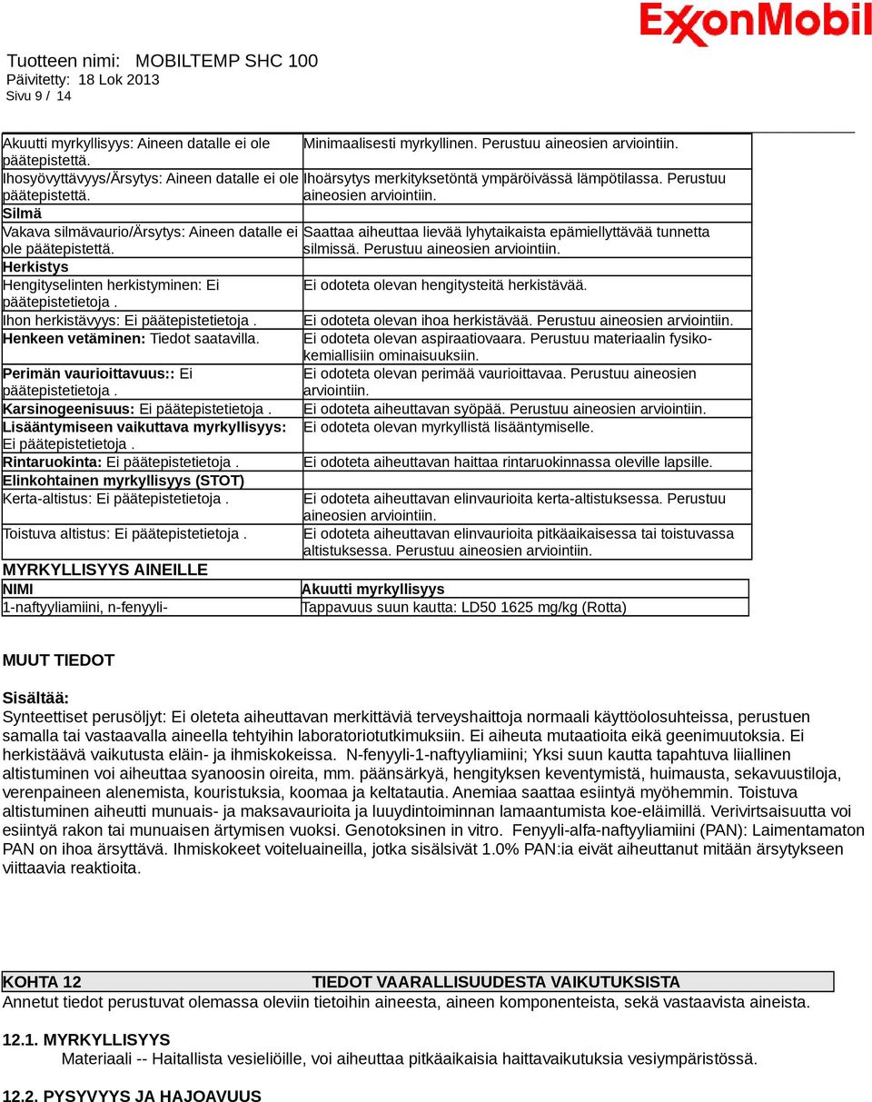 Silmä Vakava silmävaurio/ärsytys: Aineen datalle ei Saattaa aiheuttaa lievää lyhytaikaista epämiellyttävää tunnetta ole päätepistettä. silmissä. Perustuu aineosien arviointiin.