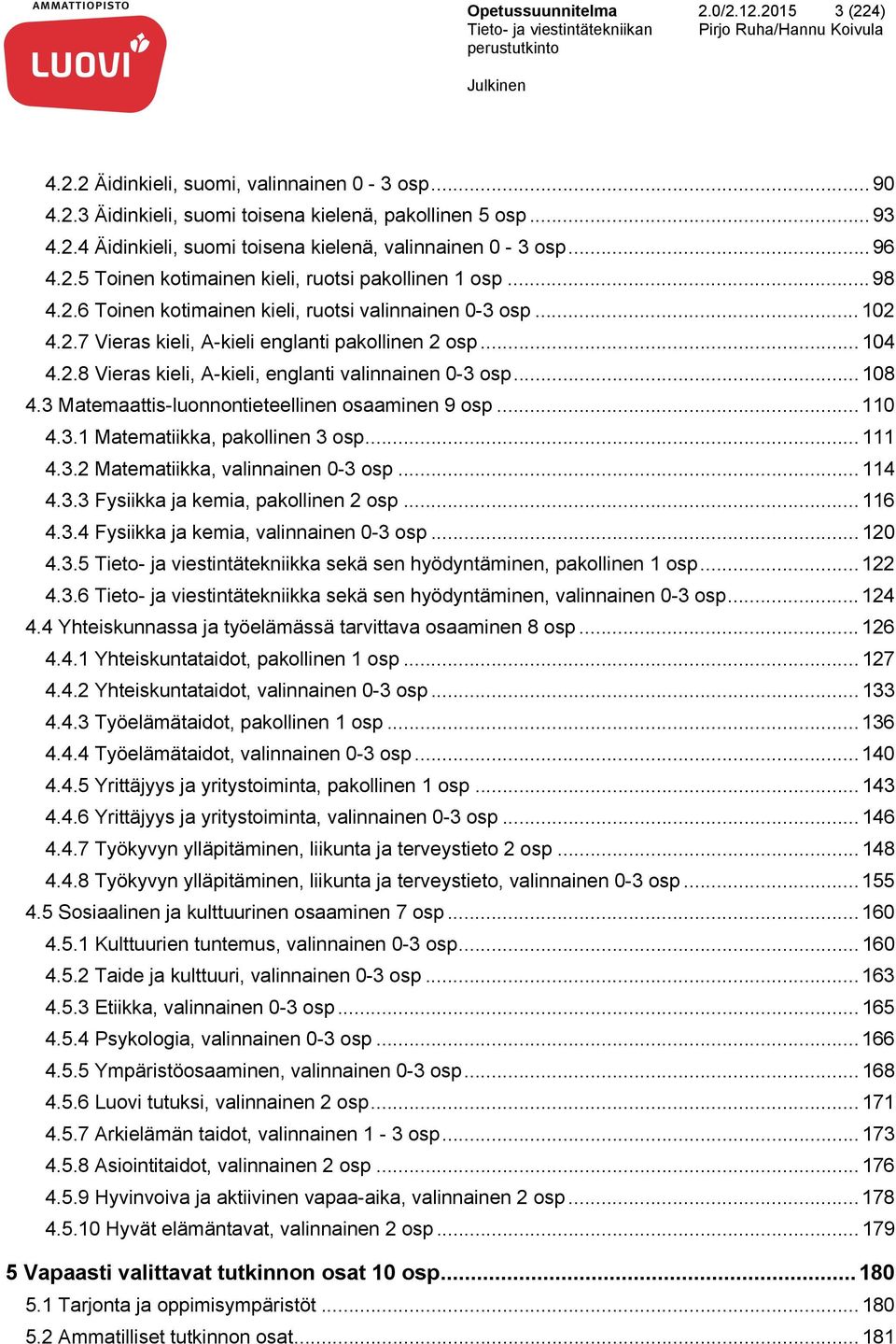 2.7 Vieras kieli, A-kieli englanti pakollinen 2 osp... 104 4.2.8 Vieras kieli, A-kieli, englanti valinnainen 0-3 osp... 108 4.3 Matemaattis-luonnontieteellinen osaaminen 9 osp... 110 4.3.1 Matematiikka, pakollinen 3 osp.