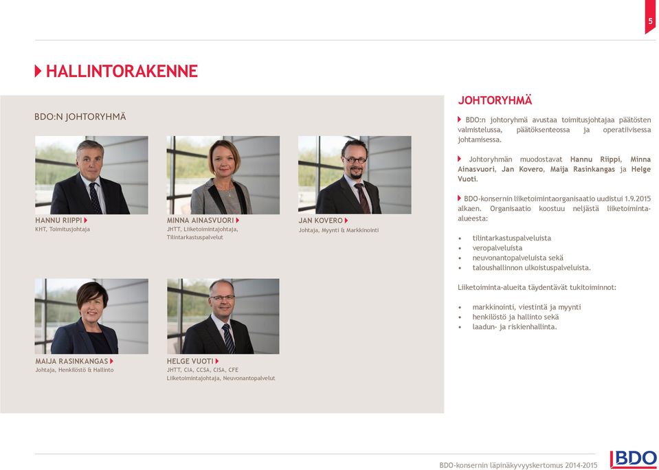 HANNU RIIPPI KHT, Toimitusjohtaja MINNA AINASVUORI JHTT, Liiketoimintajohtaja, Tilintarkastuspalvelut JAN KOVERO Johtaja, Myynti & Markkinointi BDO-konsernin liiketoimintaorganisaatio uudistui 1.9.