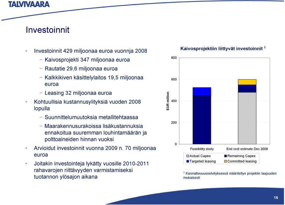 Arvioidut investoinnit vuonna 2009 n.