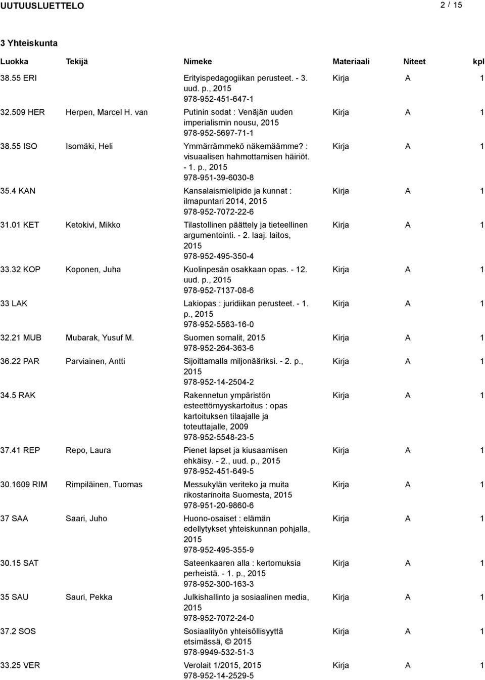 4 K Kansalaismielipide ja kunnat : ilmapuntari 04, 05 978-95-707--6 3.0 KET Ketokivi, Mikko Tilastollinen päättely ja tieteellinen argumentointi. -. laaj. laitos, 05 978-95-495-350-4 33.