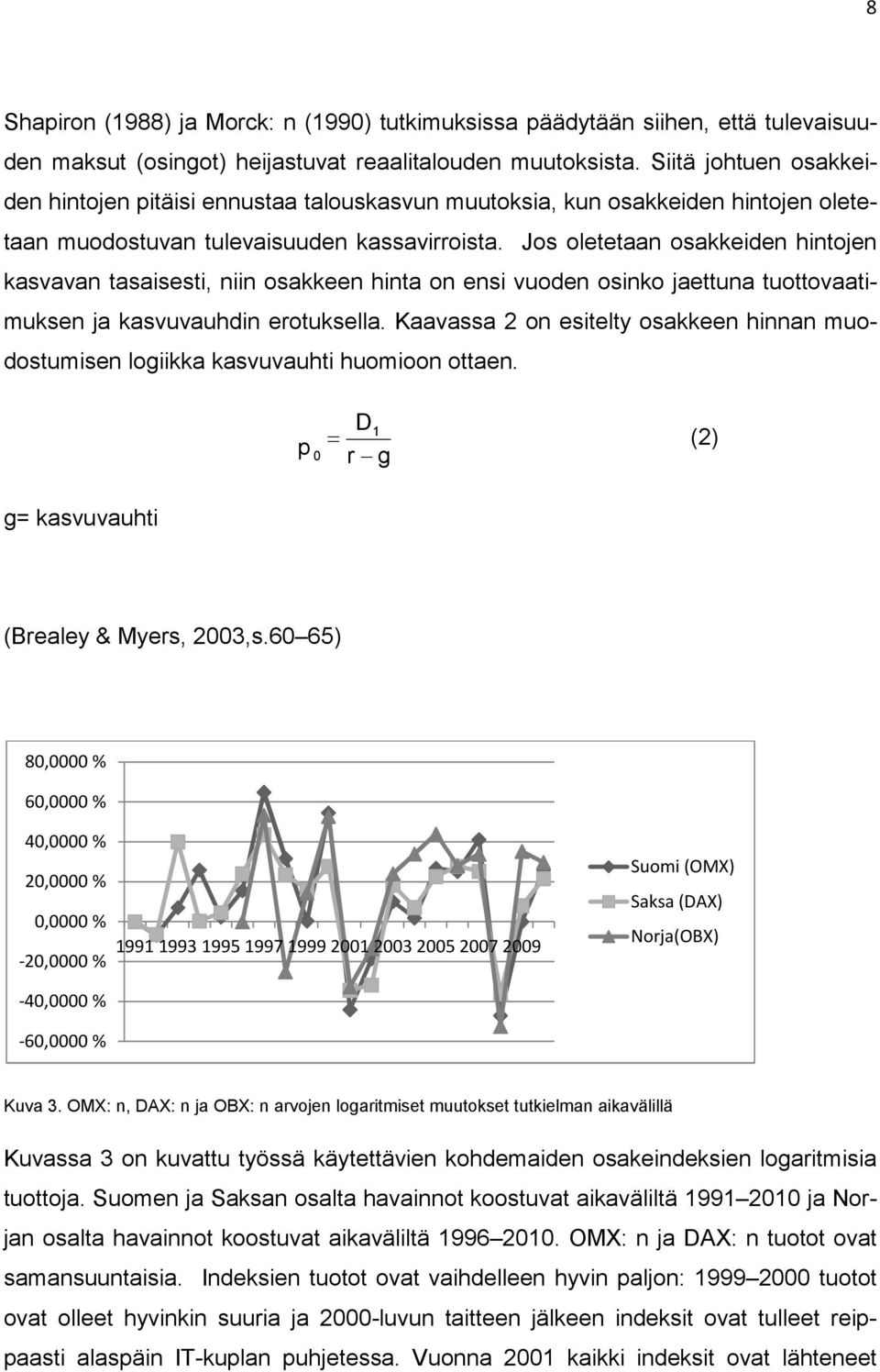 Jos oletetaan osakkeiden hintojen kasvavan tasaisesti, niin osakkeen hinta on ensi vuoden osinko jaettuna tuottovaatimuksen ja kasvuvauhdin erotuksella.