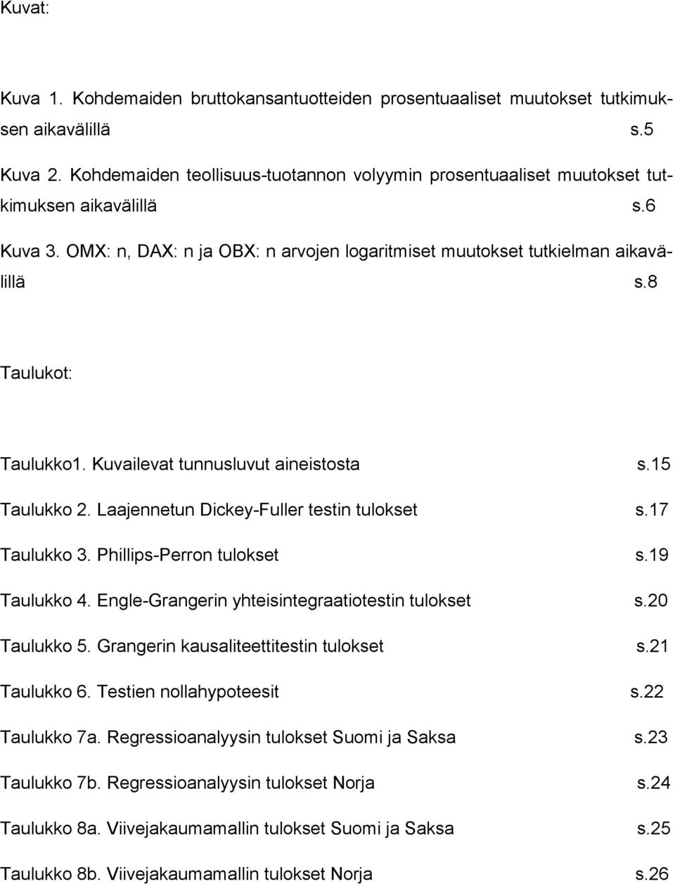 8 Taulukot: Taulukko1. Kuvailevat tunnusluvut aineistosta s.15 Taulukko 2. Laajennetun Dickey-Fuller testin tulokset s.17 Taulukko 3. Phillips-Perron tulokset s.19 Taulukko 4.