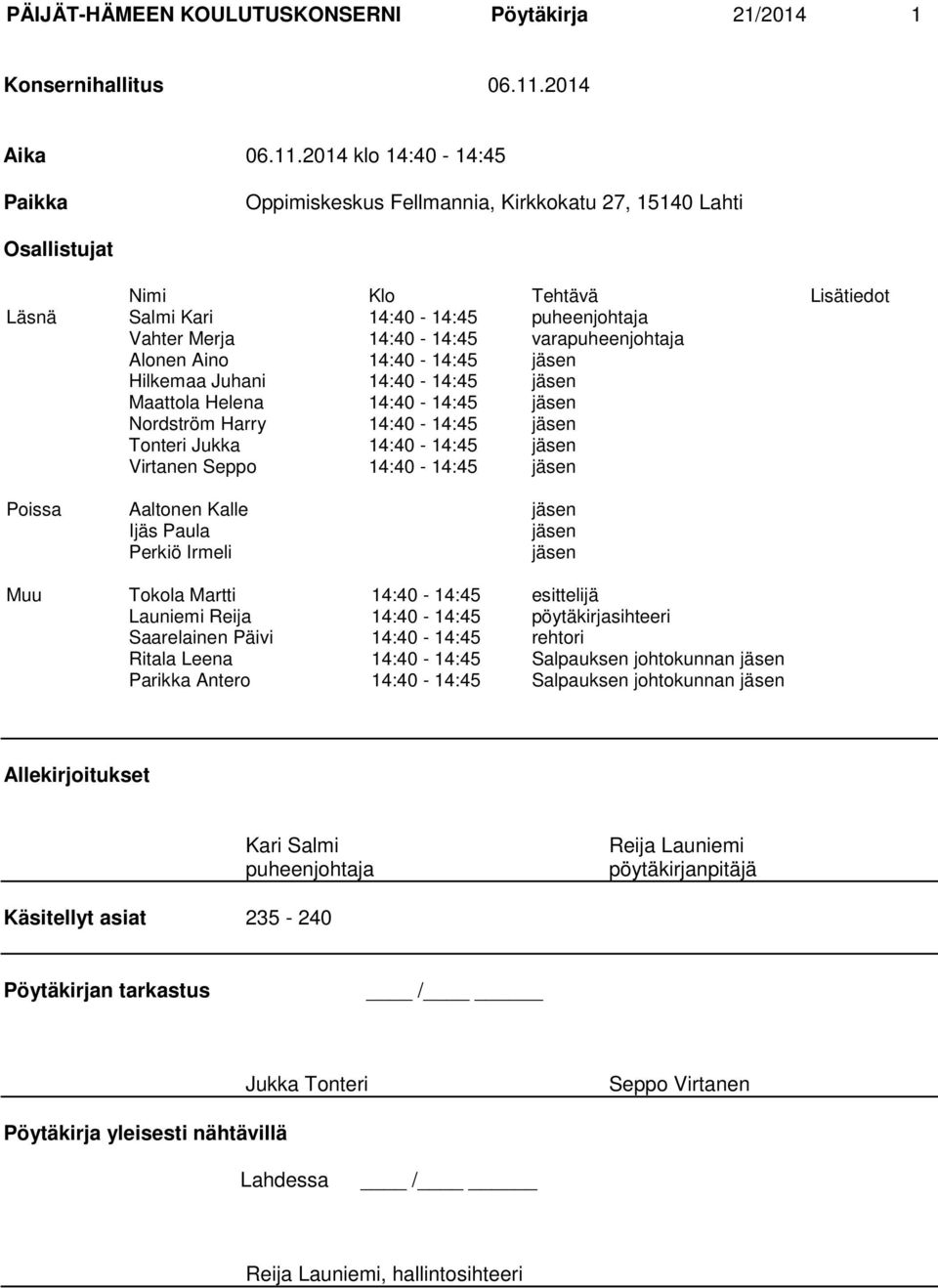 2014 klo 14:40-14:45 Paikka Oppimiskeskus Fellmannia, Kirkkokatu 27, 15140 Lahti Osallistujat Nimi Klo Tehtävä Lisätiedot Läsnä Salmi Kari 14:40-14:45 puheenjohtaja Vahter Merja 14:40-14:45