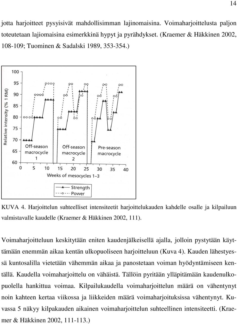 Harjoittelun suhteelliset intensiteetit harjoittelukauden kahdelle osalle ja kilpailuun valmistavalle kaudelle (Kraemer & Häkkinen 2002, 111).