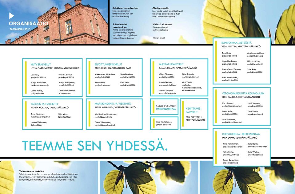 Oivaltamisen ilo Luovuus ja uudet ideat tuottavat lisäarvoa asiakkaalle ja työn iloa Kinnon henkilöstölle. Yhdessä tekeminen Kinnolaiset ovat joukkuepelaajia.