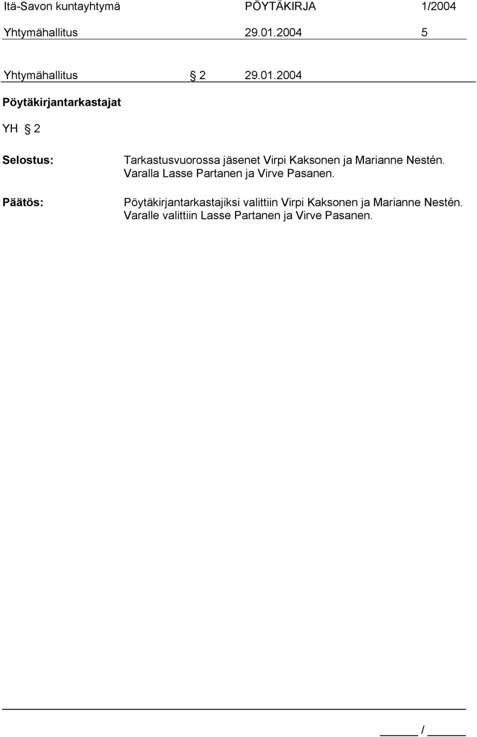 2004 Pöytäkirjantarkastajat YH 2 Selostus: Tarkastusvuorossa jäsenet Virpi