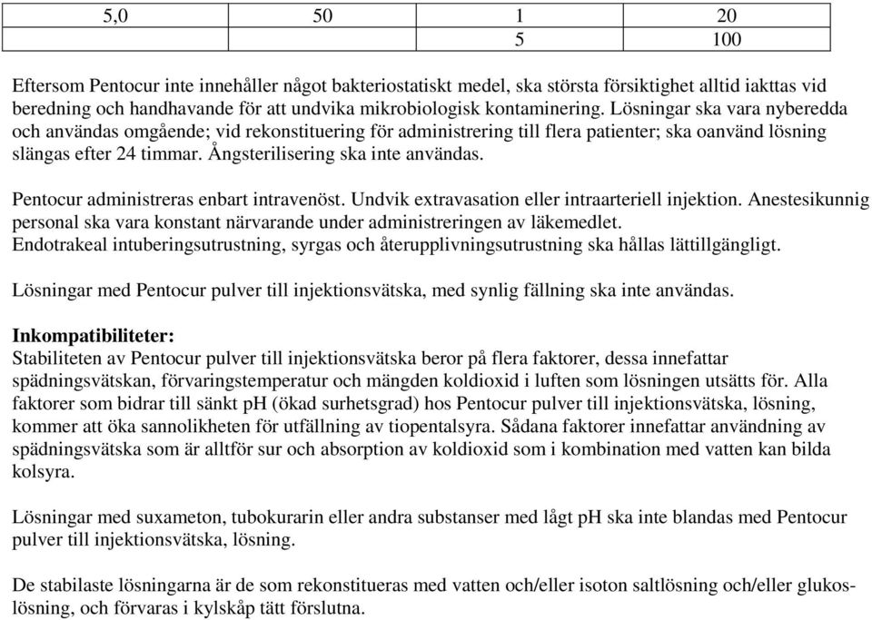 Pentocur administreras enbart intravenöst. Undvik extravasation eller intraarteriell injektion. Anestesikunnig personal ska vara konstant närvarande under administreringen av läkemedlet.