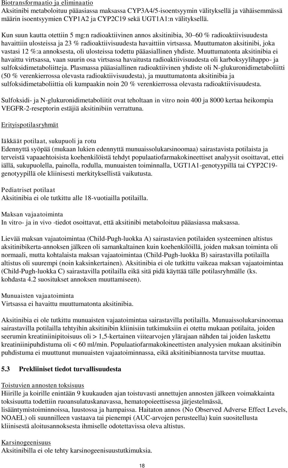 Muuttumaton aksitinibi, joka vastasi 12 %:a annoksesta, oli ulosteissa todettu pääasiallinen yhdiste.