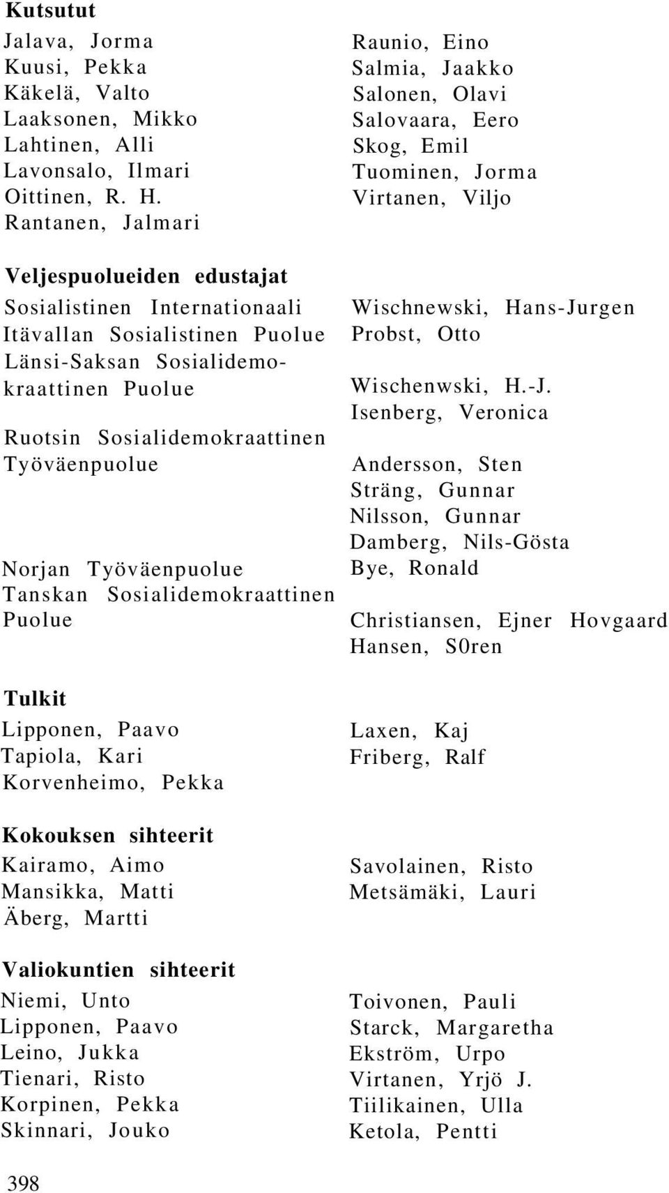 Sosialistinen Puolue Länsi-Saksan Sosialidemokraattinen Puolue Ruotsin Sosialidemokraattinen Työväenpuolue Norjan Työväenpuolue Tanskan Sosialidemokraattinen Puolue Wischnewski, Hans-Jurgen Probst,
