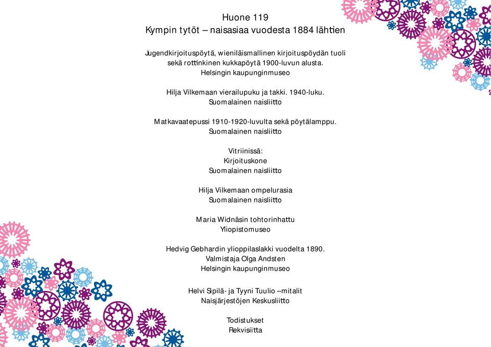 Suomalainen naislii o Vitriinissä: Kirjoituskone Suomalainen naislii o Hilja Vilkemaan ompelurasia Suomalainen naislii o Maria Widnäsin tohtorinha u