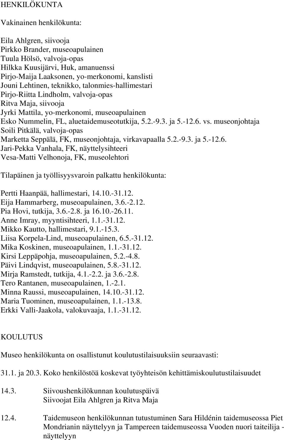 3. ja 5.-12.6. vs. museonjohtaja Soili Pitkälä, valvoja-opas Marketta Seppälä, FK, museonjohtaja, virkavapaalla 5.2.-9.3. ja 5.-12.6. Jari-Pekka Vanhala, FK, näyttelysihteeri Vesa-Matti Velhonoja, FK, museolehtori Tilapäinen ja työllisyysvaroin palkattu henkilökunta: Pertti Haanpää, hallimestari, 14.