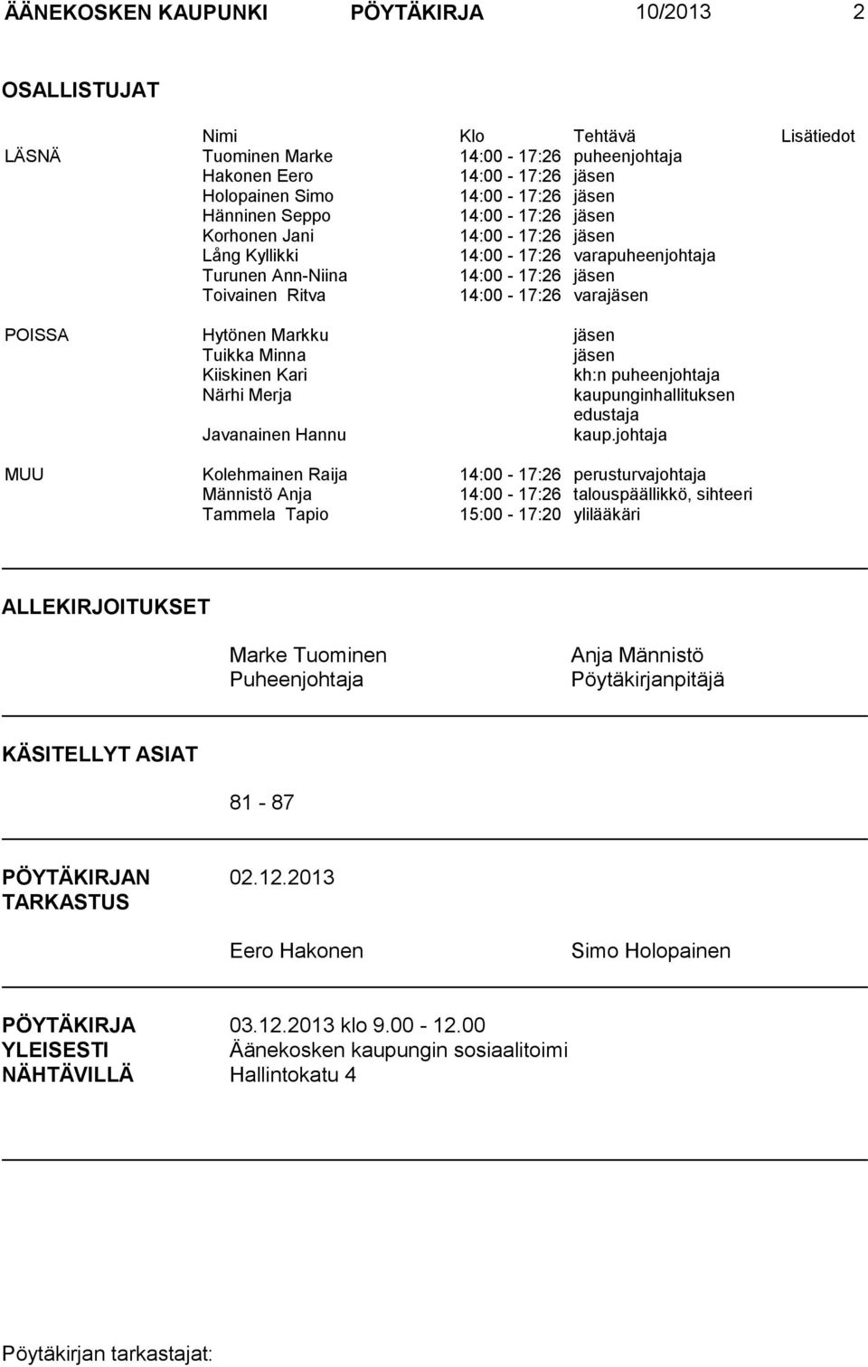 Markku jäsen Tuikka Minna jäsen Kiiskinen Kari kh:n puheenjohtaja Närhi Merja kaupunginhallituksen edustaja Javanainen Hannu kaup.