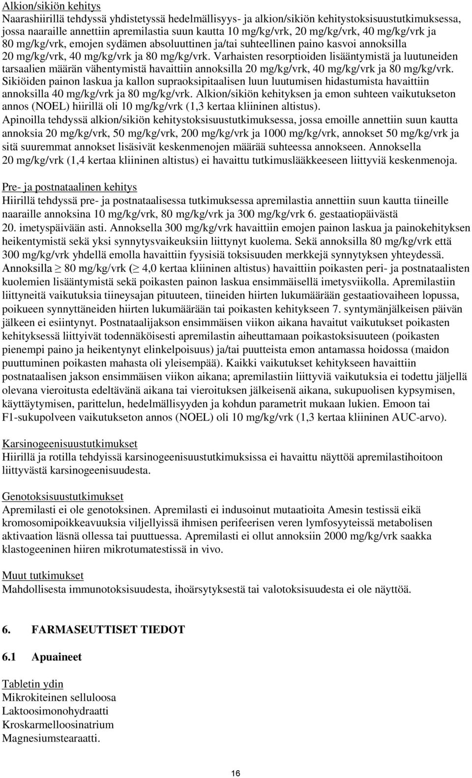 Varhaisten resorptioiden lisääntymistä ja luutuneiden tarsaalien määrän vähentymistä havaittiin annoksilla 20 mg/kg/vrk, 40 mg/kg/vrk ja 80 mg/kg/vrk.