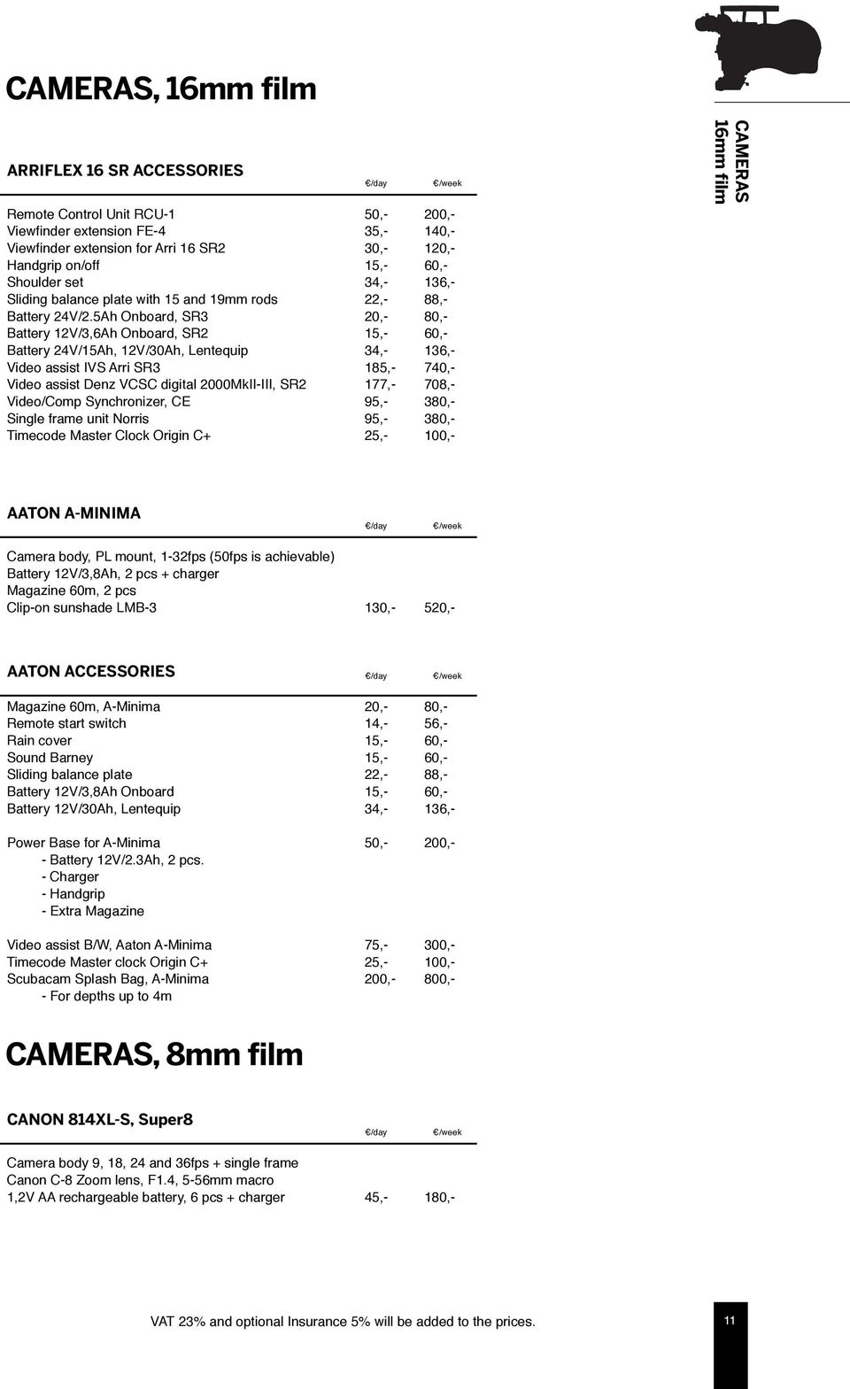 5Ah Onboard, SR3 Battery 12V/3,6Ah Onboard, SR2 Battery 24V/15Ah, 12V/30Ah, Lentequip Video assist IVS Arri SR3 Video assist Denz VCSC digital 2000MkII-III, SR2 Video/Comp Synchronizer, CE Single