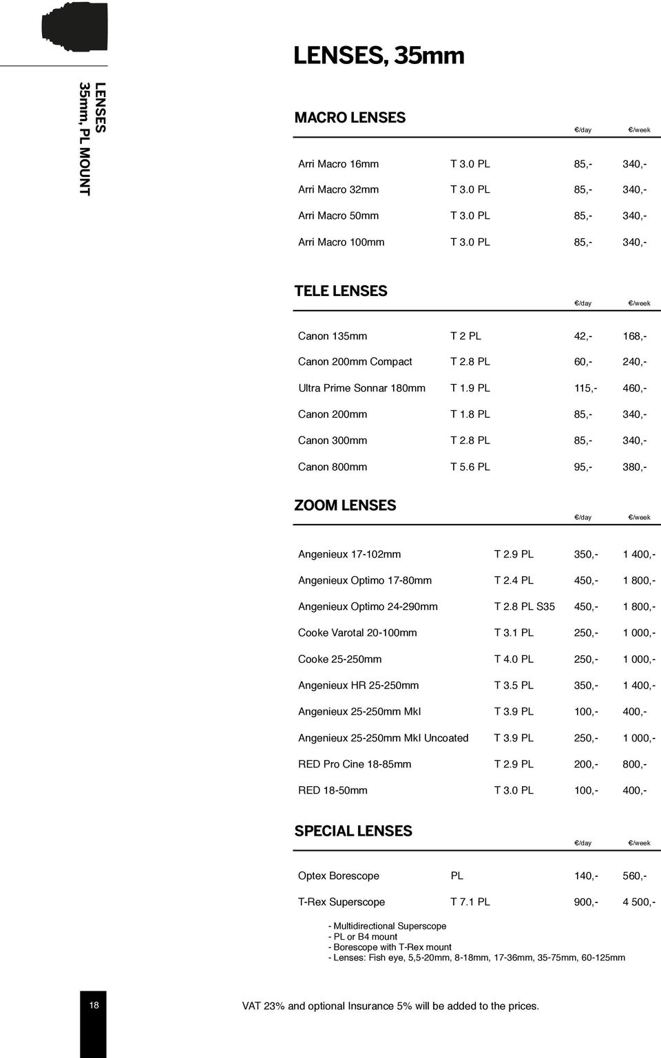 6 PL 95,- 3 ZOOM LENSES Angenieux 17-102mm T 2.9 PL 3 1 400,- Angenieux Optimo 17-80mm T 2.4 PL 4 1 800,- Angenieux Optimo 24-290mm T 2.8 PL S35 4 1 800,- Cooke Varotal 20-100mm T 3.