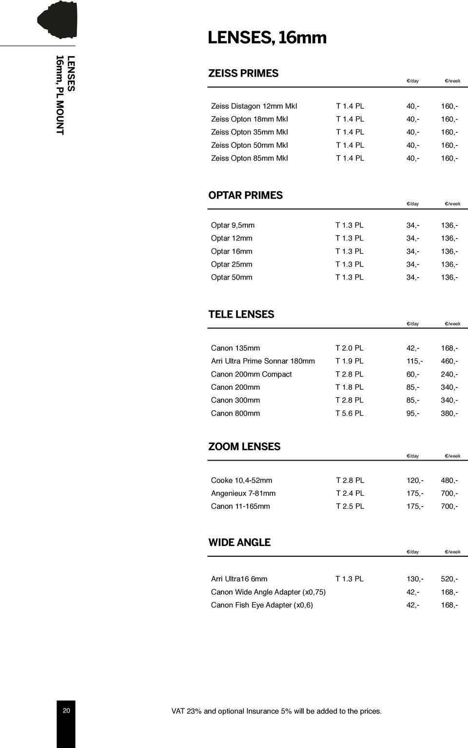 0 PL 42,- 168,- Arri Ultra Prime Sonnar 180mm T 1.9 PL 1 4 Canon 200mm Compact T 2.8 PL 2 Canon 200mm T 1.8 PL 85,- 3 Canon 300mm T 2.8 PL 85,- 3 Canon 800mm T 5.