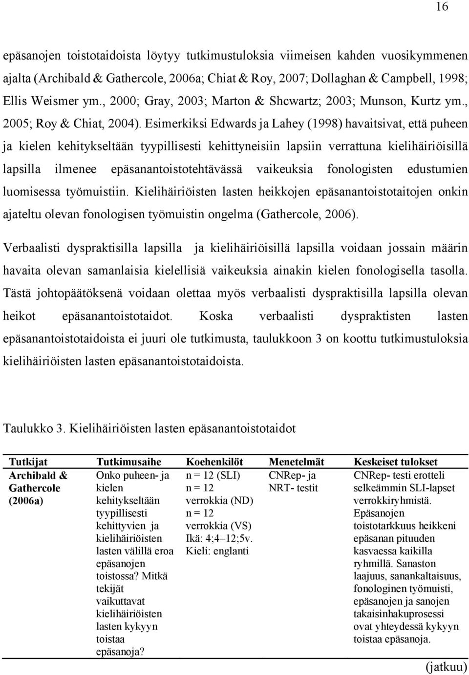 Esimerkiksi Edwards ja Lahey (1998) havaitsivat, että puheen ja kielen kehitykseltään tyypillisesti kehittyneisiin lapsiin verrattuna kielihäiriöisillä lapsilla ilmenee epäsanantoistotehtävässä